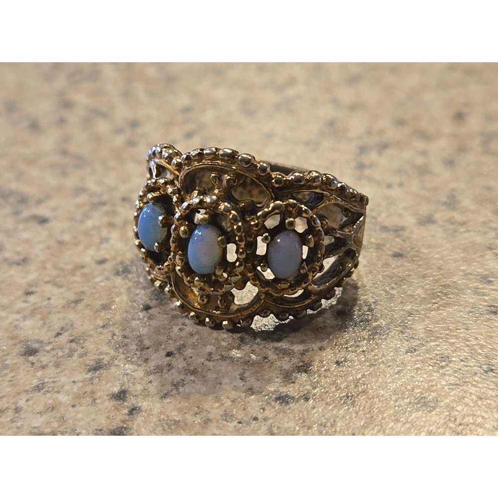 Vintage 18K HGE Iridescent Faux Opal Beaded Filigree Gold Tone Ring